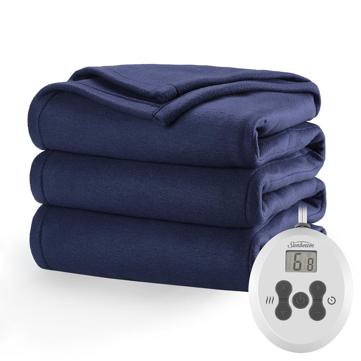 Sunbeam Royal Ultra Fleece Heated Electric Blanket Queen Size, 90" x 84", 12 Heat Settings, 12-Hour Selectable Auto Shut-Off, Fast Heating, Machine Washable, Warm and Cozy, Indigo