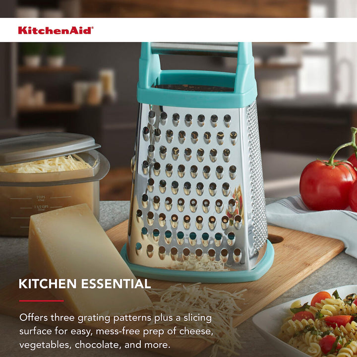 KitchenAid Gourmet 4-Sided Stainless Steel Box Grater for Fine, Medium and Coarse Grate, and Slicing, Detachable 3 Cup Storage Container and Measurment Markings, Dishwasher Safe, 10 inches tall, Aqua Aqua Sky 10 Inch