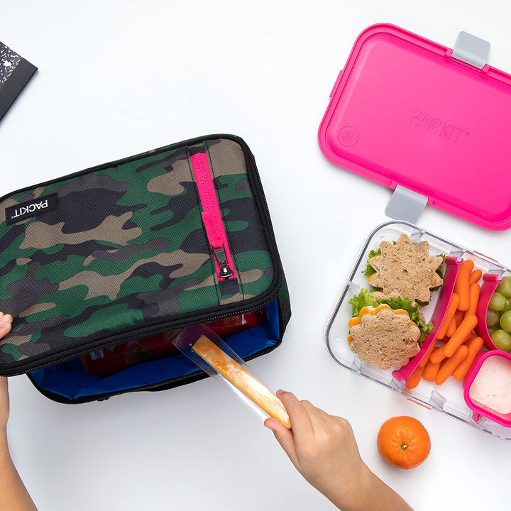 PackIt Freezable Classic Lunch Box, Camo Hot Pink, Built with EcoFreeze Technology, Collapsible, Reusable, Zip Closure With Zip Front Pocket and Buckle Handle, Designed for Lunches Camo with Hot Pink Trim