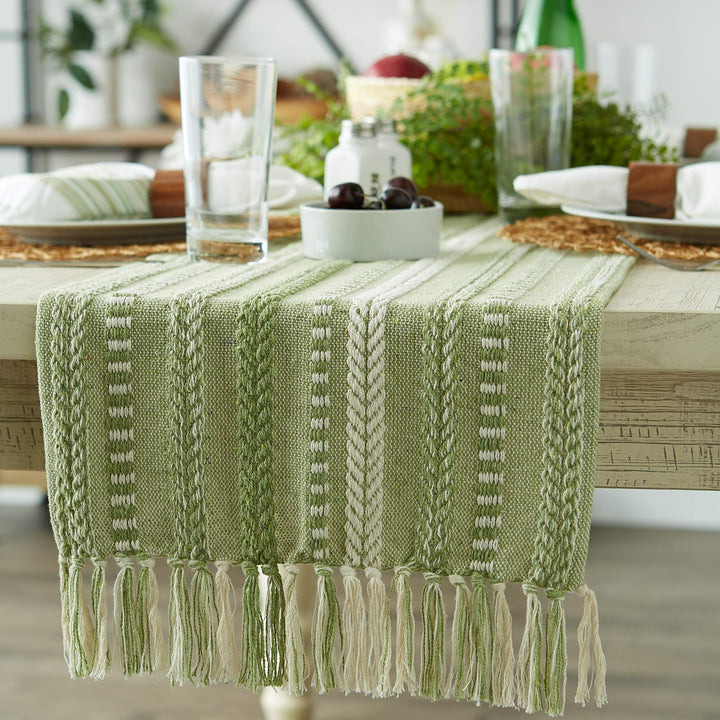 DII Farmhouse Braided Stripe Table Runner Collection, 15x108 (15x113, Fringe Included), Antique Green