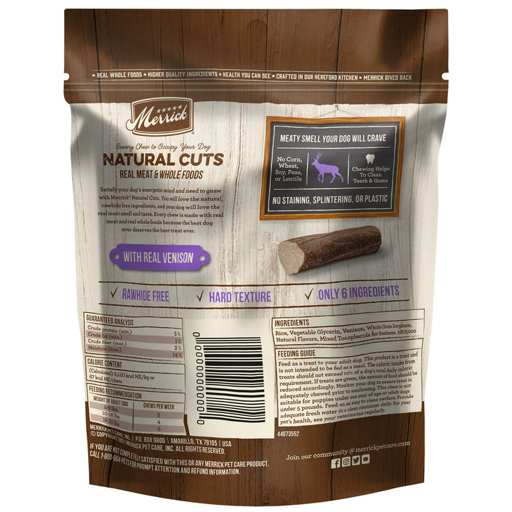 Merrick Natural Cuts Chicken Free Non Rawhide Small Dog Treats, Hard Texture Chew Sticks With Real Venison - 11 ct. Pouches(Pack of 1) Small Dog (5-25 LBS) 11 Count (Pack of 1)