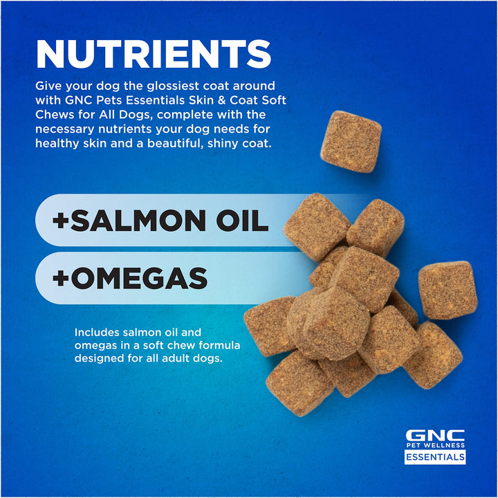 GNC Pets Essentials, Skin & Coat, All Dog 60ct 2.2g Soft Chews | Skin & Coat Soft Chews for Dogs in Bacon Flavor | Dog Supplement with Salmon Oil, Omega Fatty Acids, and EPA & DHA for Skin and Coats 60 Count (Pack of 1)