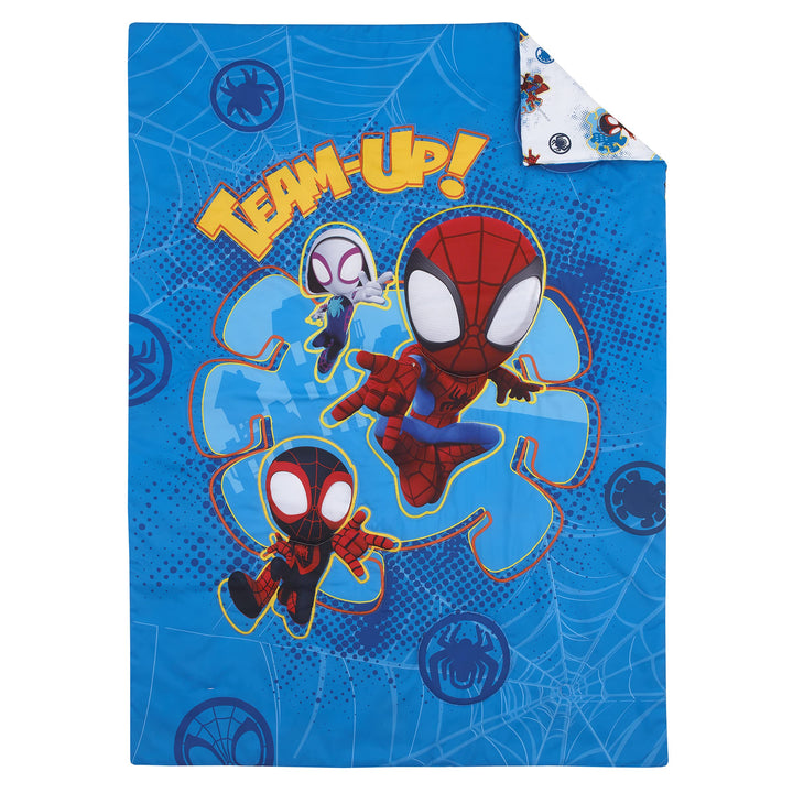 Marvel Spidey and his Amazing Friends Spidey Team Red, White, and Blue 4 Piece Toddler Bed Set - Comforter, Fitted Bottom Sheet, Flat Top Sheet, and Reversible Pillowcase