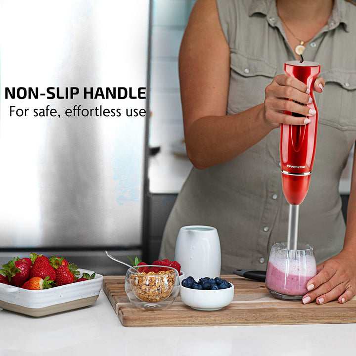 OVENTE Electric Immersion Hand Blender 300 Watt 2 Mixing Speed with Stainless Steel Blades, Powerful Portable Easy Control Grip Stick Mixer Perfect for Smoothies, Puree Baby Food & Soup, Red HS560R