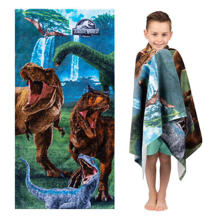 Jurassic World Dominion Blue Velociraptor and Rexy T-Rex Super Soft Cotton Bath/Pool/Beach Towel, 58 Inches x 28 Inches, By Franco Kids 58 in x 28 in Jurassic World Dominion