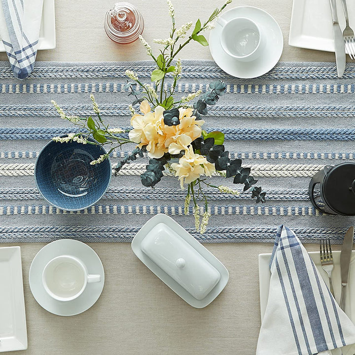 DII Farmhouse Braided Stripe Table Runner Collection, 15x72 (15x77, Fringe Included), Stonewash Blue 15x72" (15x77", Fringe Included) Striped