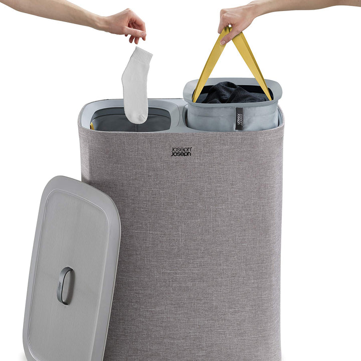 Joseph Joseph Tota 60-liter Laundry Hamper Separation Basket with lid, 2 Removable Washing Bags with Handles- Grey Dual 60L