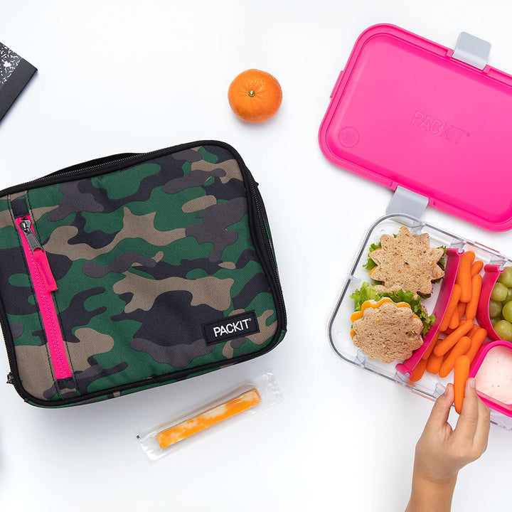 PackIt Freezable Classic Lunch Box, Camo Hot Pink, Built with EcoFreeze Technology, Collapsible, Reusable, Zip Closure With Zip Front Pocket and Buckle Handle, Designed for Lunches Camo with Hot Pink Trim