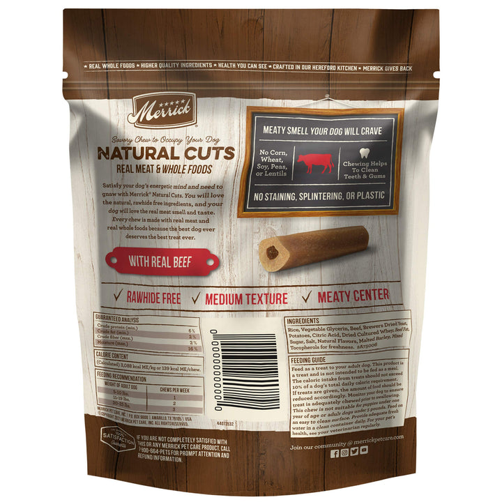 Merrick Natural Cuts Rawhide Free Dog Treats, Medium Texture Filled Dog Chew with Real Beef for Small Dogs - (6) 7 ct. Pouches Small Dog (5-25 LBS) 7 Count (Pack of 1)