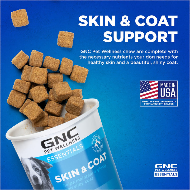 GNC Pets Essentials, Skin & Coat, All Dog 60ct 2.2g Soft Chews | Skin & Coat Soft Chews for Dogs in Bacon Flavor | Dog Supplement with Salmon Oil, Omega Fatty Acids, and EPA & DHA for Skin and Coats 60 Count (Pack of 1)