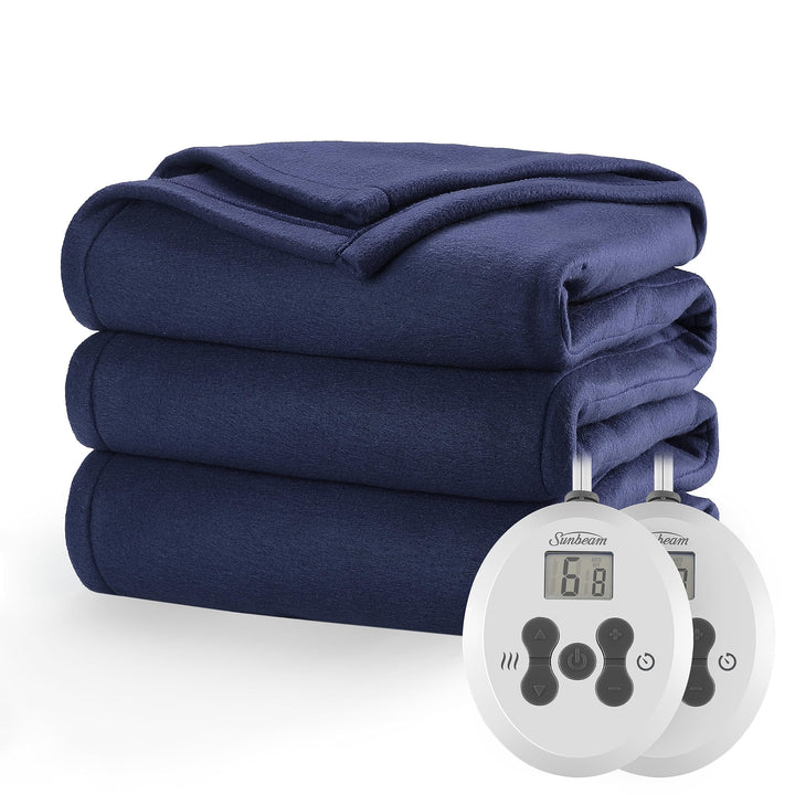 Sunbeam Royal Ultra Fleece Heated Electric Blanket Queen Size, 90" x 84", 12 Heat Settings, 12-Hour Selectable Auto Shut-Off, Fast Heating, Machine Washable, Warm and Cozy, Indigo