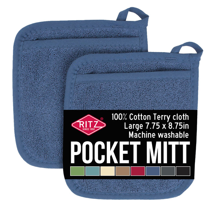 Ritz Terry Pocket Mitt & Hot Pad: Unparalleled Heat Resistant, Durable 100% Cotton – Ergonomically Designed for Optimal Grip – Easy-Care Machine Washable, Perfect for Your Kitchen – Federal Blue, 2-Pk Pocket Mitt -- 2 pk