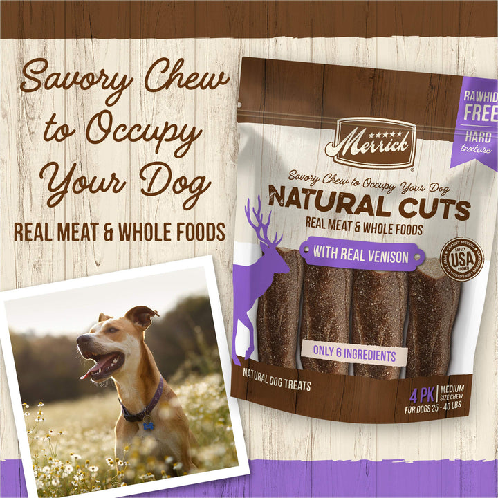 Merrick Natural Cuts Chicken Free Non Rawhide Medium Dog Treats, Hard Texture Chew Sticks With Venison - (Pack of 6) 4 ct. Pouches Medium Dog (25-40 LBS) 4 Count (Pack of 1)