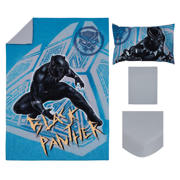 Marvel Black Panther Blue, Black, and Grey Warrior King 4 Piece Toddler Bed Set - Comforter, Fitted Bottom Sheet, Flat Top Sheet and Reversible Pillowcase Marvel Black Panther