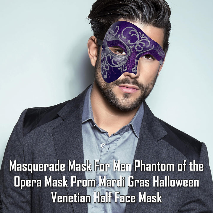 Masquerade Mask For Men Phantom Of The Opera Mask Prom Mardi Gras Haloween Venetian Half Face Mask Purple-silver One Size