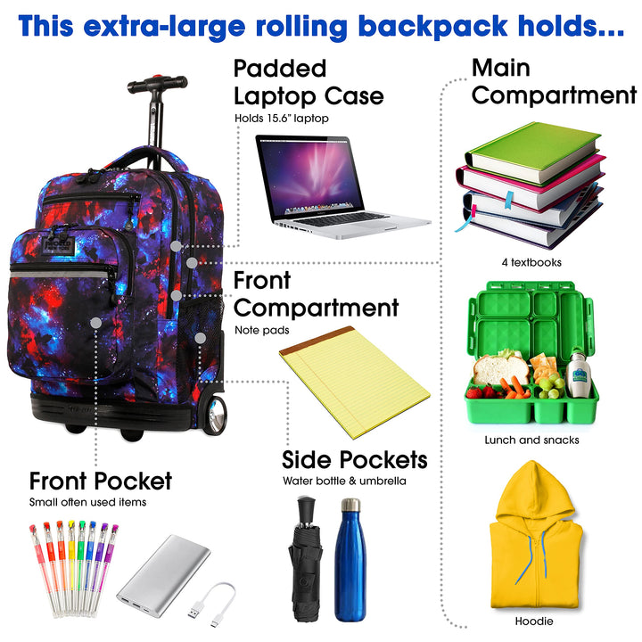 J World New York Sundance Rolling Backpack Girl Boy Roller Bookbag, Retro Bloom, 20 Inch