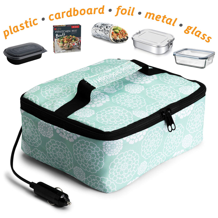 HOTLOGIC Mini Portable Electric Lunch Box Food Heater - Innovative Food Warmer and Heated Lunch Box for Adults Car/Home - Easily Cook, Reheat, and Keep Your Food Warm - Aquafloral (12V)