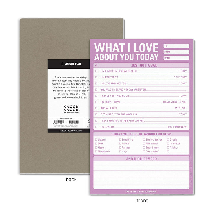 1-Count Knock Knock What I Love about You Today Pad, Love Letter Paper Checklist Lunch Box Notes for Husband, 6 x 9-inches 1-Count