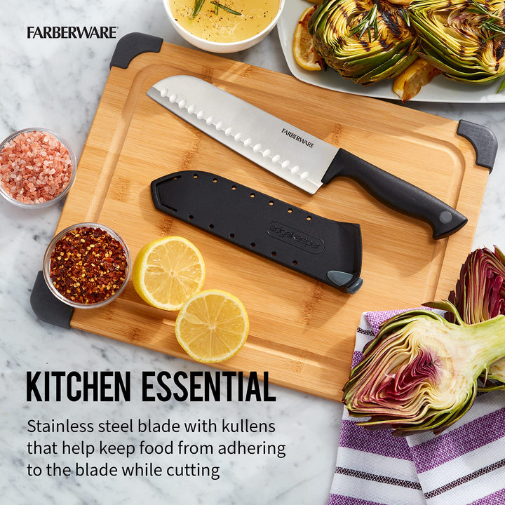 Farberware Edgekeeper 7-Inch Santoku Knife with Self-Sharpening Blade Cover, High Carbon-Stainless Steel Kitchen Knife with Ergonomic Handle, Razor-Sharp Knife, Black