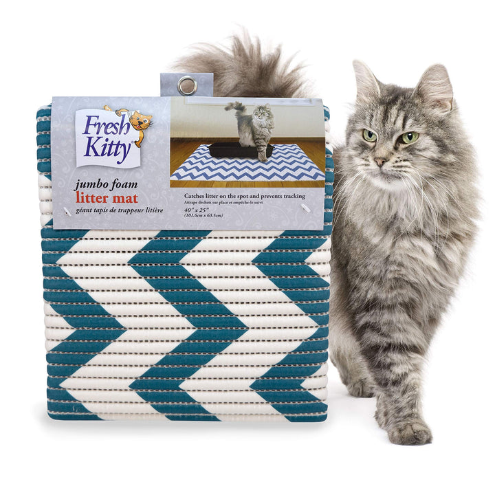 Fresh Kitty Durable XL Jumbo Foam Litter Mat – Phthalate and BPA Free, Water Resistant, Traps Litter from Box, Scatter Control, Easy Clean Mats – Chevron, Blue/White Chevron (9035) One Pack