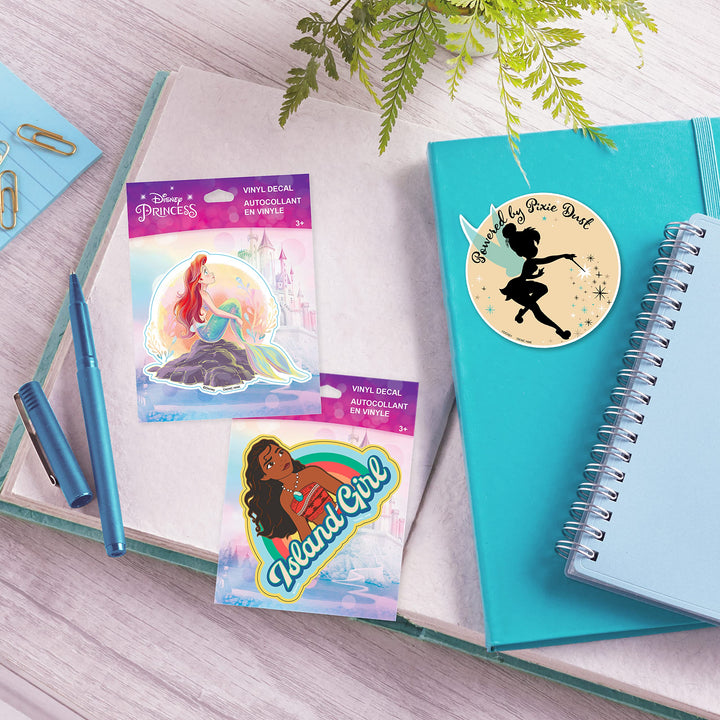 Hallmark Disney Pack of 3 Stickers for Water Bottles, Planners, Notebooks, Wall (Tinkerbell, Ariel, and Moana Decals for Kids, Teens, Adults)