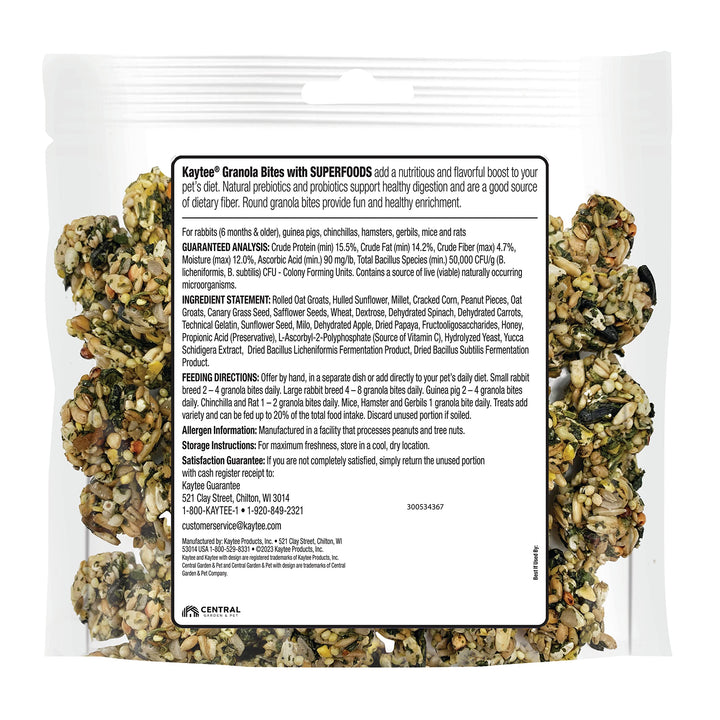 Kaytee Granola Bites with Superfoods Spinach and Carrot for Rats, Mice, Hamsters, Gerbils, Rabbits, Guinea Pigs and Chinchillas, 4.5oz Spinach & Carrot