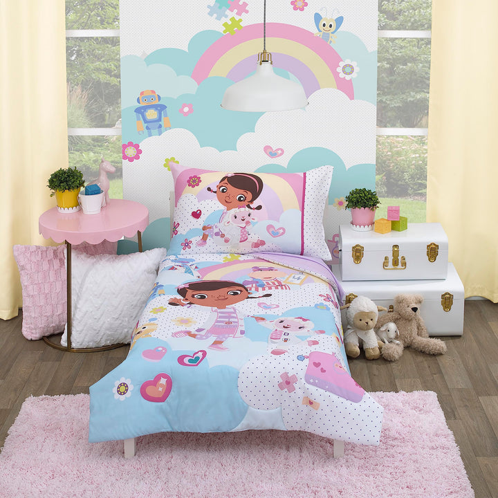 Disney Doc McStuffins - Cuddle Team Purple, White, & Blue 4Piece Toddler Bed Set - Comforter, Fitted Bottom Sheet, Flat Top Sheet, & Reversible Pillowcase, Lavender, Aqua, Pink, Yellow Disney Doc Mcstuffins