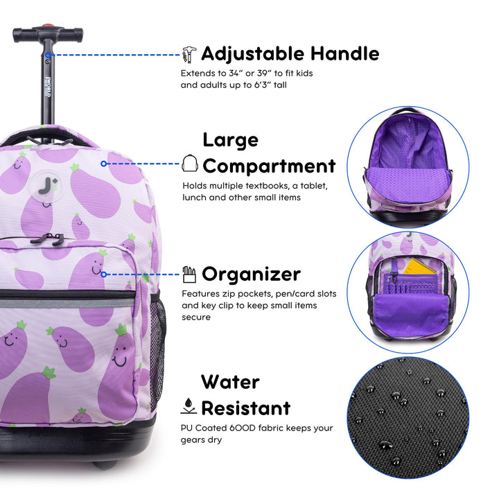 J World New York Sunrise Kids Rolling Backpack for Girls Boys Teen. Roller Bookbag with Wheels, Mr. Eggplant, 18"