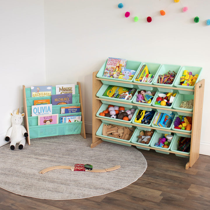 Humble Crew, 4 tier, Natural/White Kids Book Rack Storage Bookshelf with Deep Sleeves, Universal Natural Wood/White