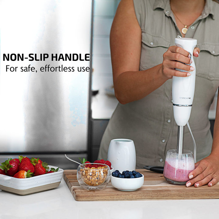 OVENTE Electric Immersion Hand Blender 300 Watt 2 Mixing Speed with Stainless Steel Blades, Powerful Portable Easy Control Grip Stick Mixer Perfect for Smoothies, Puree Baby Food & Soup, White HS560W