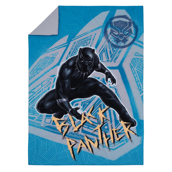 Marvel Black Panther Blue, Black, and Grey Warrior King 4 Piece Toddler Bed Set - Comforter, Fitted Bottom Sheet, Flat Top Sheet and Reversible Pillowcase Marvel Black Panther