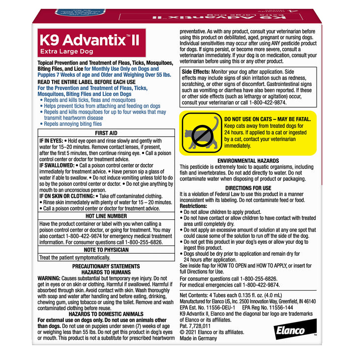 K9 Advantix II XL Dog Vet-Recommended Flea, Tick & Mosquito Treatment & Prevention | Dogs Over 55 lbs. | 4-Mo Supply 4 Pack XL Dog only