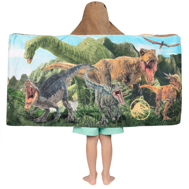 Jurassic World Dominion Soft Bath/Pool/Beach Cotton Terry Hooded Towel Wrap, 24 Inches x 50 Inches, By Franco Kids 24 in x 50 in Jurassic World Dominion