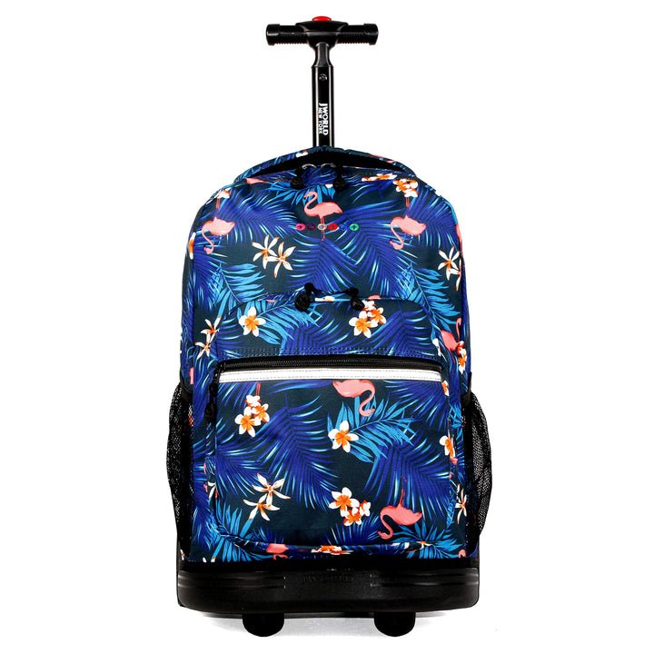 J World New York Sunrise Kids Rolling Backpack for Girls Boys Teen. Roller Bookbag with Wheels, New Flamingo, 18" 18"