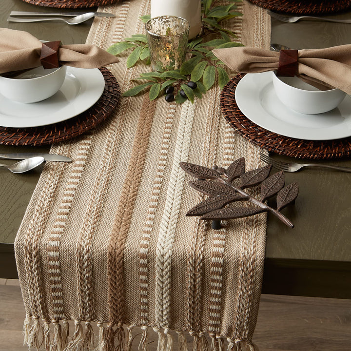 DII Farmhouse Braided Stripe Table Runner Collection, 15x72 (15x77, Fringe Included), Stone 15x72" (15x77", Fringe Included) Striped