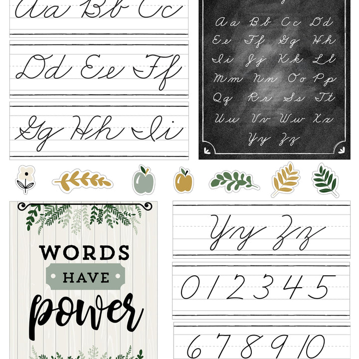 Carson Dellosa 39-Piece Farmhouse Cursive Alphabet and Number Line Bulletin Board Set, Cursive Alphabet Wall Strip and Number Line, Cursive Classroom Poster, and Modern Farmhouse Classroom Cutouts