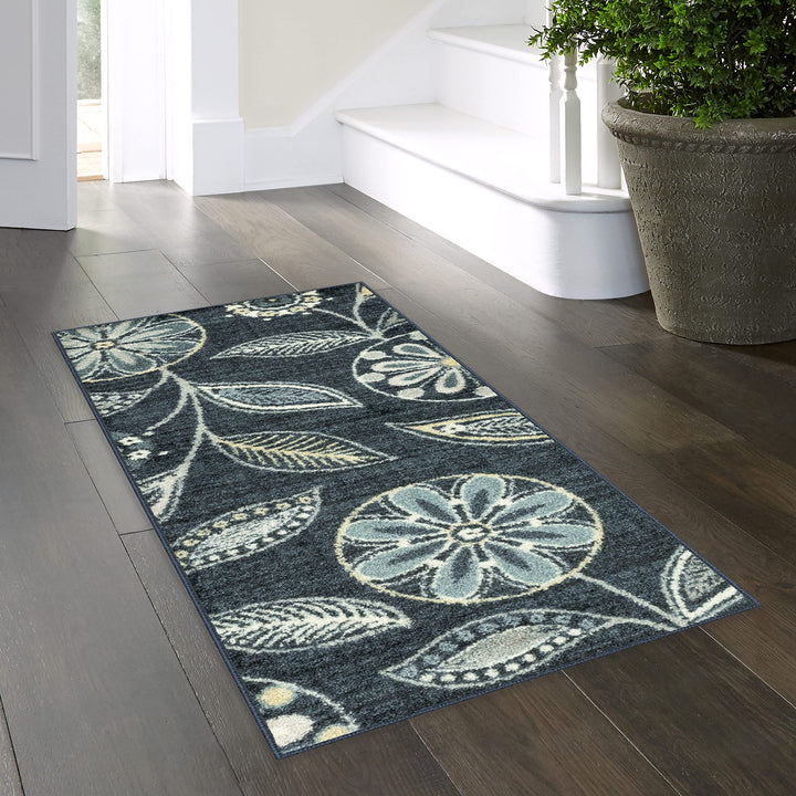 Maples Rugs Reggie Floral Runner Rug Non Skid Washable Hallway Entry Carpet [Made in USA], Persian Blue, 1'8 x 4'