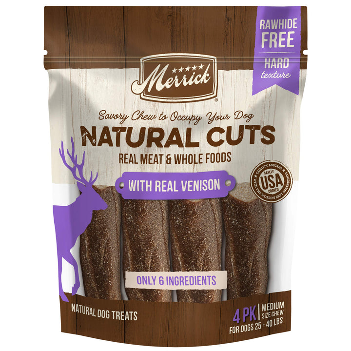 Merrick Natural Cuts Chicken Free Non Rawhide Medium Dog Treats, Hard Texture Chew Sticks With Venison - (Pack of 6) 4 ct. Pouches Medium Dog (25-40 LBS) 4 Count (Pack of 1)