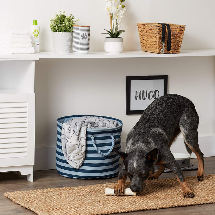 Bone Dry 5743 Pet Storage Collection Striped Paw Patch Bin, Medium Round, Dark Navy