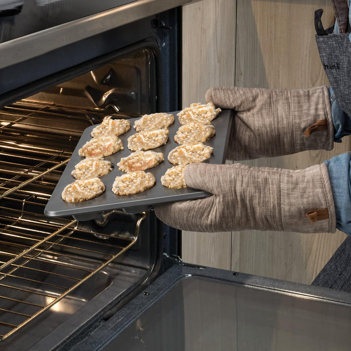 KitchenAid Nonstick 12 Cup Muffin Pan with Extended Handles for Easy Girp, Aluminized Steel to Promoted Even Baking, Dishwasher Safe,Contour Silver Contour Silver