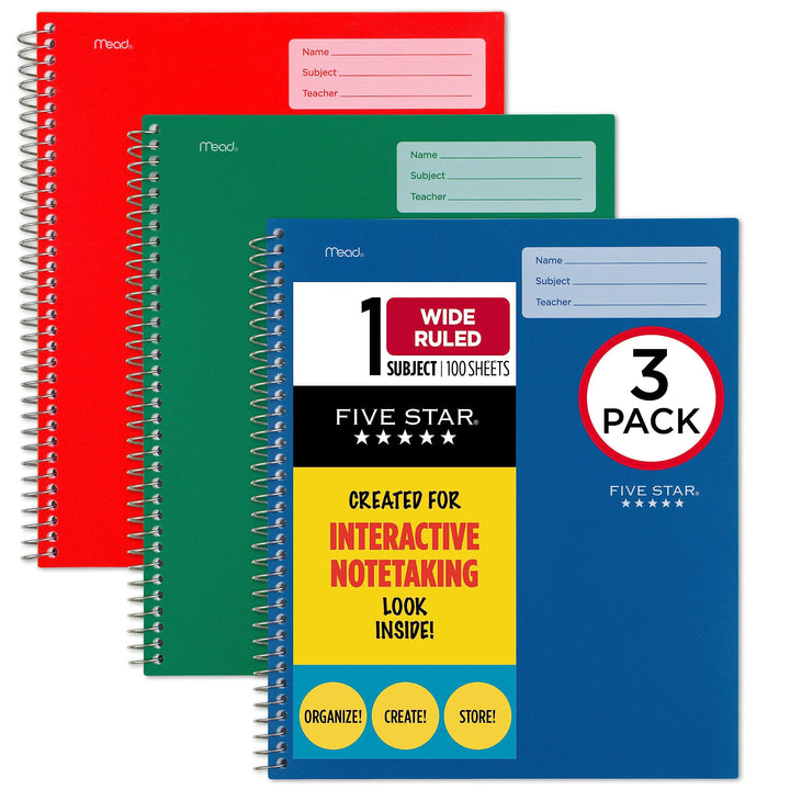 Five Star Interactive Notetaking Spiral Notebooks, 3 Pack, 1-Subject, Wide Ruled Paper, 11" x 8-1/2", 100 Sheets, Forest Green, Fire Red, Pacific Blue (929986-ECM) Green, Red, Blue