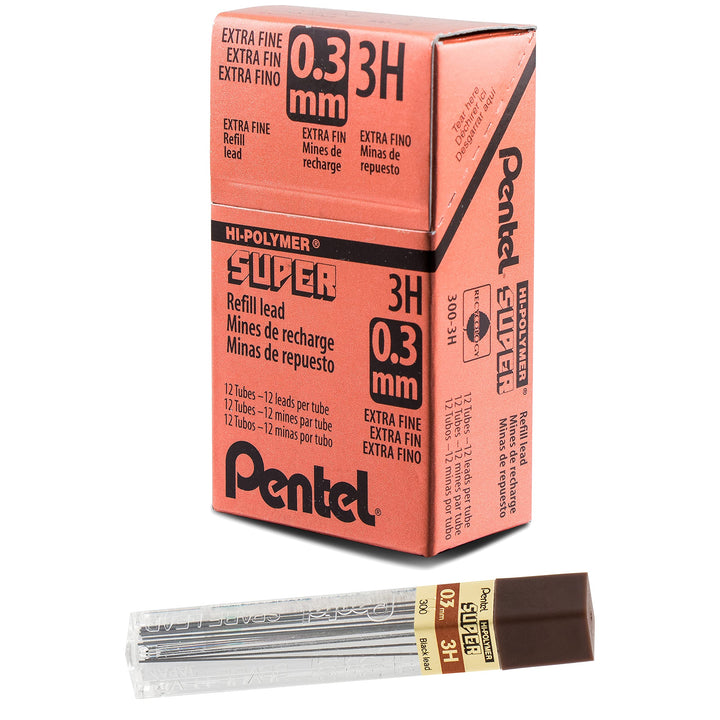 Pentel Super Hi-Polymer Lead, 0.3mm, Extra Fine, 3H, 12 pcs/Tube, Box of 12 (300-3H) 300-3H