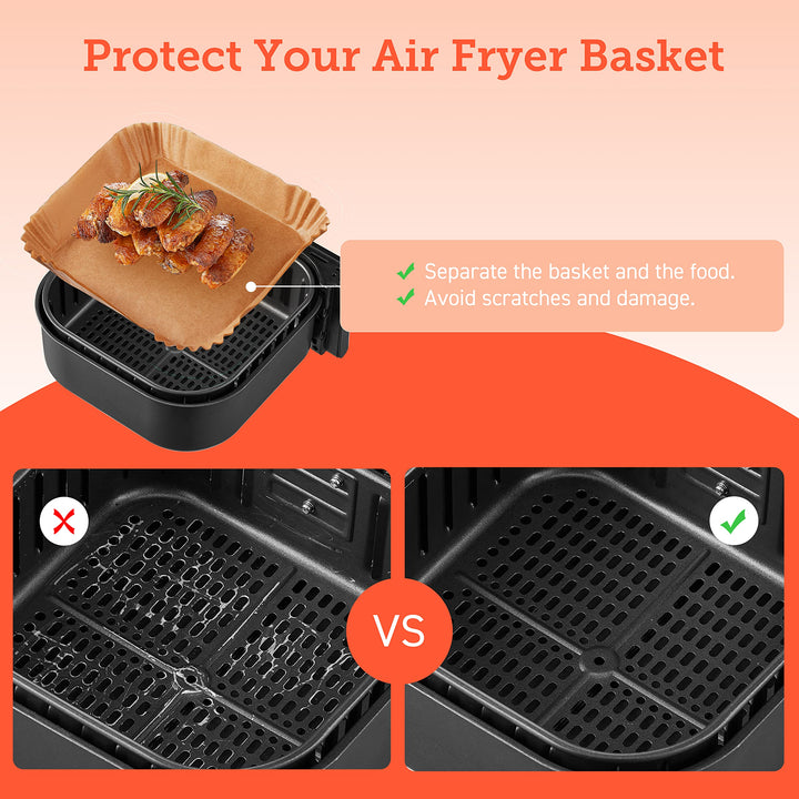 COSORI Air Fryer Liners, 100 PCS Square Disposable Paper Liners, Non-Stick Silicone Oil Coating, Little to No Cleaning, 7.9" Unbleached Food Grade, Resistant to 465F, Thickened Not Easy to Break