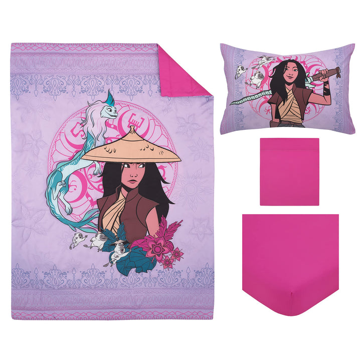 Disney Raya and The Last Dragon Mythic Pop Lavender, Magenta, and Blue with Sisu Dragon and Tuktuk 4 Piece Toddler Bed Set - Comforter, Fitted Bottom Sheet, Flat Top Sheet, and Reversible Pillowcase Disney Raya and the Last Dragon