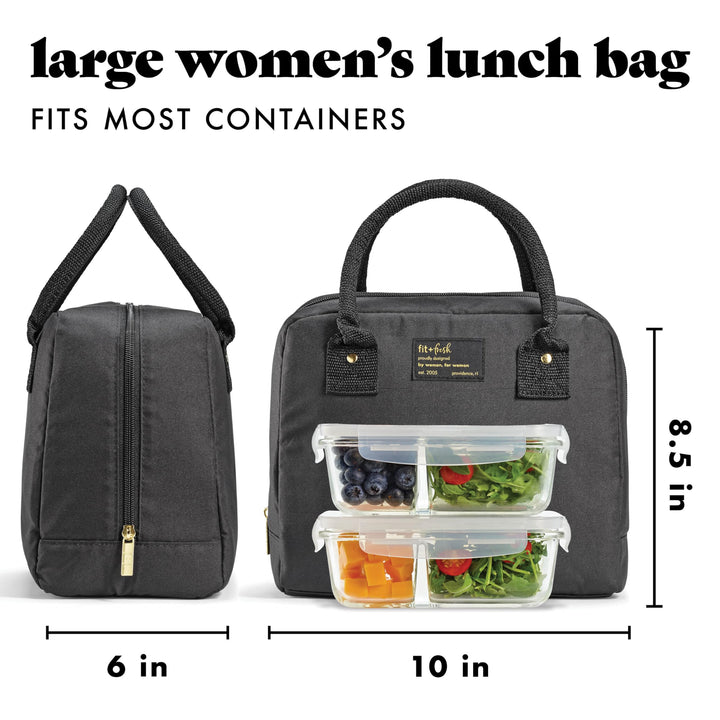 Fit & Fresh Lunch Bag For Women, Insulated Womens Lunch Bag For Work, Leakproof & Stain-Resistant Large Lunch Box For Women With Containers, Zipper Closure Bloomington Lunch Bag, Black Bag with containers