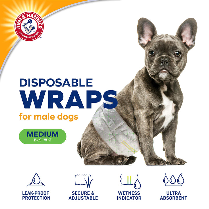 Arm & Hammer For Pets Male Dog Wraps, Medium 12 Ct | Ultra-Absorbent, Adjustable Male Dog Diapers with Leak-Proof Protection & Wetness Indicator | Arm & Hammer Baking Soda Enhanced for Odor Control Male Wraps Medium (12 Count)