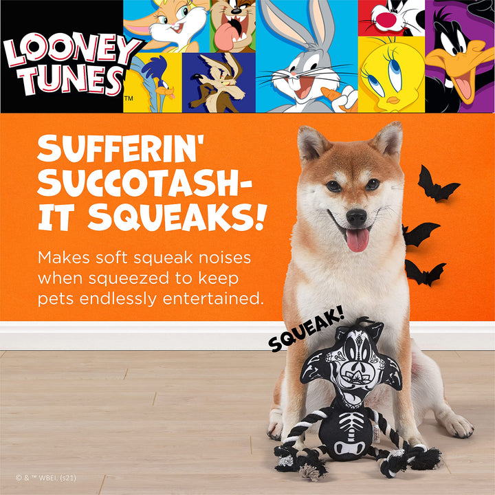 Looney Tunes for Pets Sylvester The Cat Halloween Skeleton Rope Pull Dog Toy | Sylvester The Cat Squeaky Dog Toy | Plush Fabric Dog Chew Toy Rope Toy for Dogs, 9 Inch (FF16974) Sylvester Skeleton