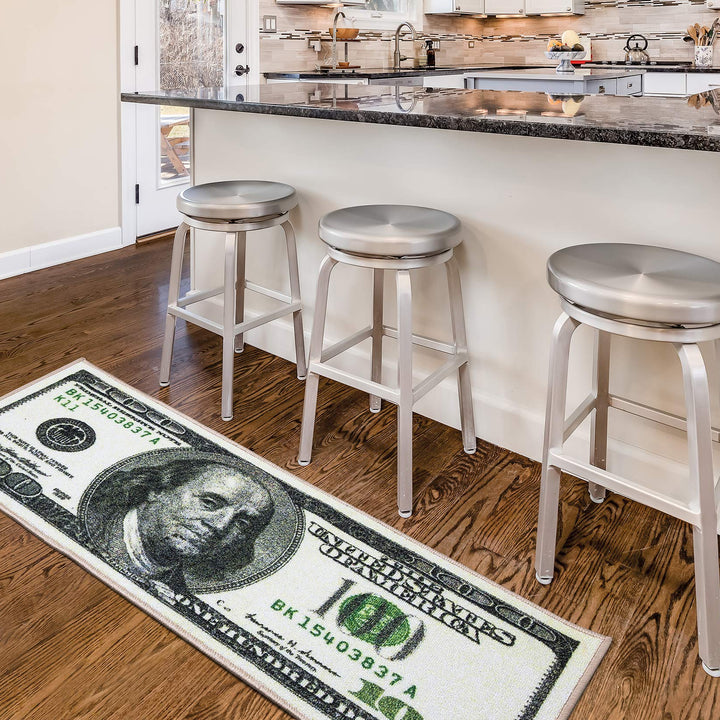 Machine Washable $100 Bill Design Non-Slip Rubberback 17x43 Modern Runner Rug for Hallway, Kitchen, Bedroom, 17" x 43", Green/Multicolor Money Old $100 Runner - 17" x 43"