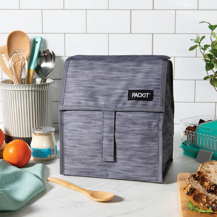 PackIt Freezable Lunch Bag, Charcoal Space Dye, Built with EcoFreeze Technology, Foldable, Reusable, Zip and Velcro Closure with Buckle Handle, Perfect for School and Office Lunches