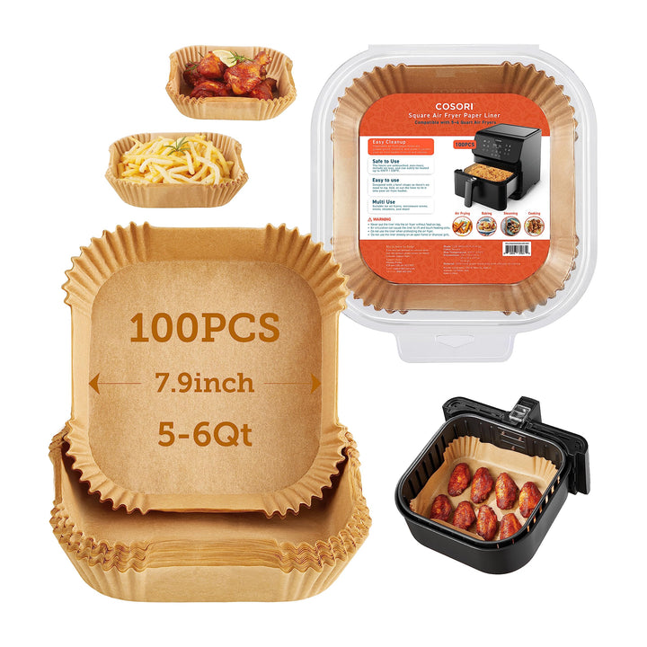 COSORI Air Fryer Liners, 100 PCS Square Disposable Paper Liners, Non-Stick Silicone Oil Coating, Little to No Cleaning, 7.9" Unbleached Food Grade, Resistant to 465F, Thickened Not Easy to Break